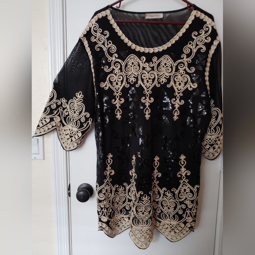 Simply Couture 3/4 length blouse black with gold piping very elegant
